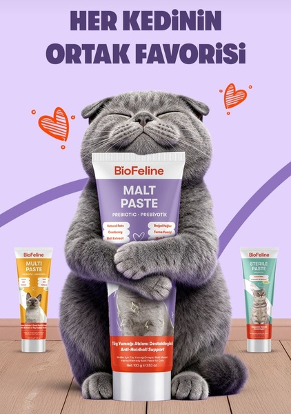 A high-quality studio shot of a grey cat hugging a tube of malt paste, highlighting product benefits with a warm, aesthetic appeal.